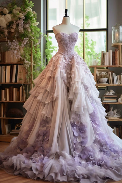 Gradient Purple A-Line Strapless Tulle Vintage Long Ball Gown, Sweetheart Veck Lace Applique Evening Gown ED01349