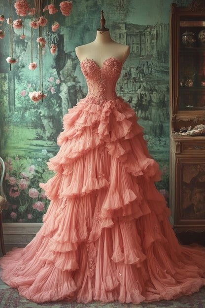 Peach Vintage A-line Sweetheart Neck Long Ball Gown Sweet Beaded Applique Dress ED01371