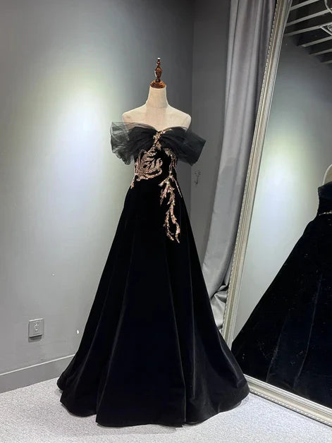Black A-line Off Shoulder Tulle Velvet Long Prom Dress,Sequin Formal Evening Dress ED01420