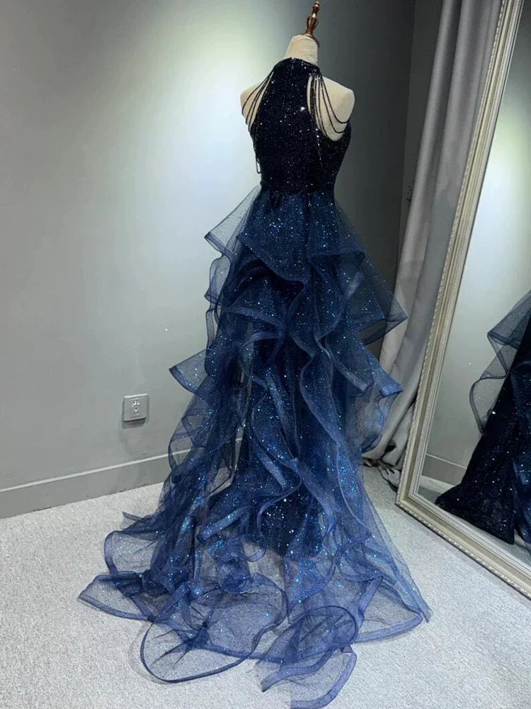 A-Line 🩵Midnight Blue Long Prom Dress for Quinceanera&Graduation -Halter Tulle&Sequin Formal Evening Dress ED01427