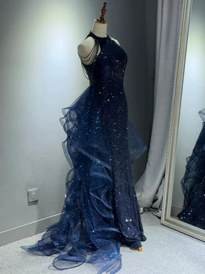 A-Line 🩵Midnight Blue Long Prom Dress for Quinceanera&Graduation -Halter Tulle&Sequin Formal Evening Dress ED01427