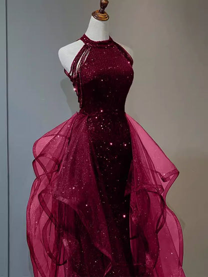 A-Line 🩵Midnight Blue Long Prom Dress for Quinceanera&Graduation -Halter Tulle&Sequin Formal Evening Dress ED01427