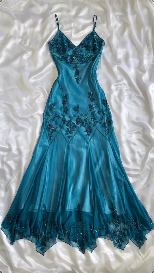 Modest vintage Prom Dress Spaghetti Straps  Blue 🩵Chiffon Sheath Evening Dress with Beading ED01469