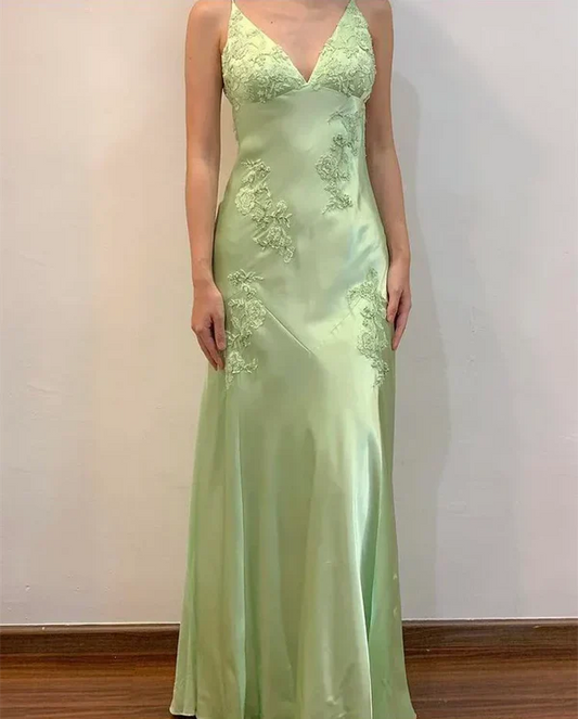 Chic A Line Satin Backless Prom Dresses- Vintage Spaghetti Straps Green Long Evening Gown for Wedding&Special Ocassion   ED01470
