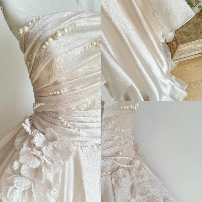 Sweet Pink💗 A-line Tulle&Satin Prom Dress for Events Long Strapless Applique Wedding Dress ED01476