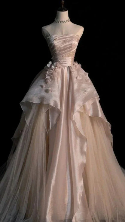 Sweet Pink💗 A-line Tulle&Satin Prom Dress for Events Long Strapless Applique Wedding Dress ED01476