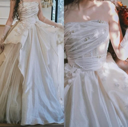 Sweet Pink💗 A-line Tulle&Satin Prom Dress for Events Long Strapless Applique Wedding Dress ED01476