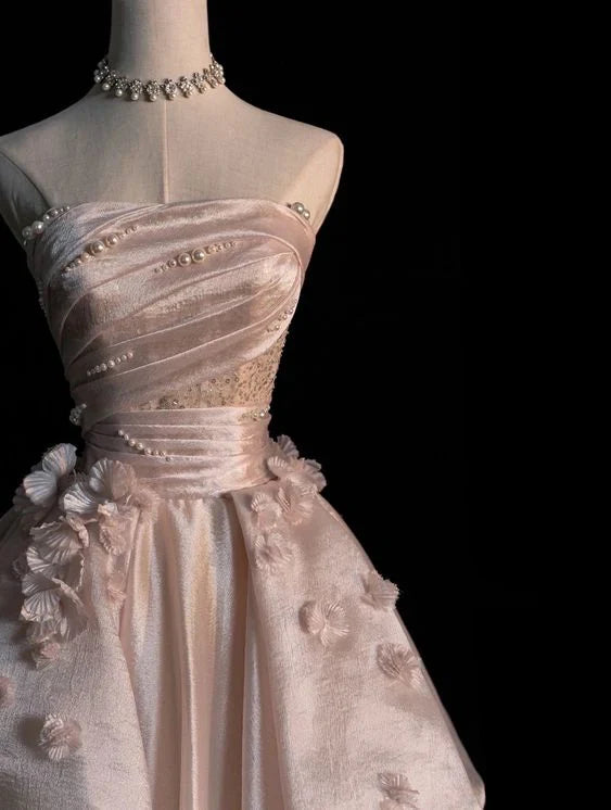 Sweet Pink💗 A-line Tulle&Satin Prom Dress for Events Long Strapless Applique Wedding Dress ED01476