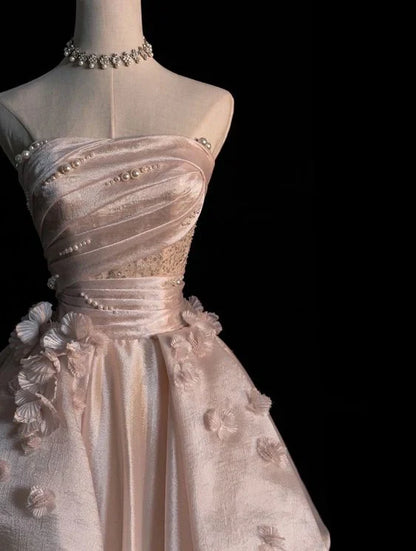 Sweet Pink💗 A-line Tulle&Satin Prom Dress for Events Long Strapless Applique Wedding Dress ED01476