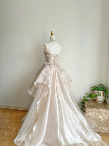 Sweet Pink💗 A-line Tulle&Satin Prom Dress for Events Long Strapless Applique Wedding Dress ED01476