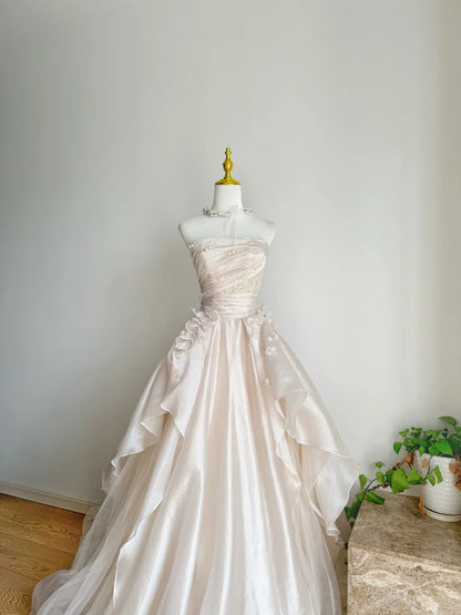 Sweet Pink💗 A-line Tulle&Satin Prom Dress for Events Long Strapless Applique Wedding Dress ED01476