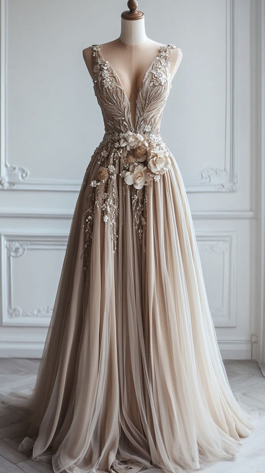 A-line Deep V Neck Tulle Applique Long Ball Gown Bridesmaid Dress ED01478