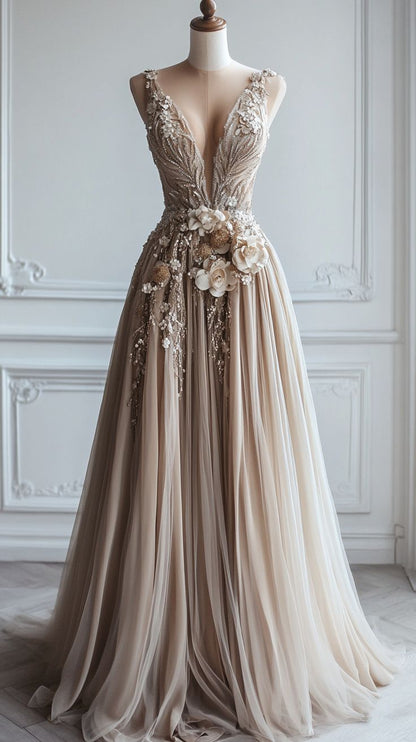 A-line Deep V Neck Tulle Applique Long Ball Gown Bridesmaid Dress ED01478