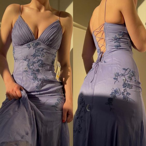 Pretty Spaghetti Straps Prom Dresses for Party✨V-neck  Beaded BacklessEvening Gown ED01485