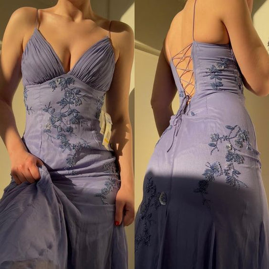 Pretty Spaghetti Straps Prom Dresses for Party✨V-neck  Beaded BacklessEvening Gown ED01485