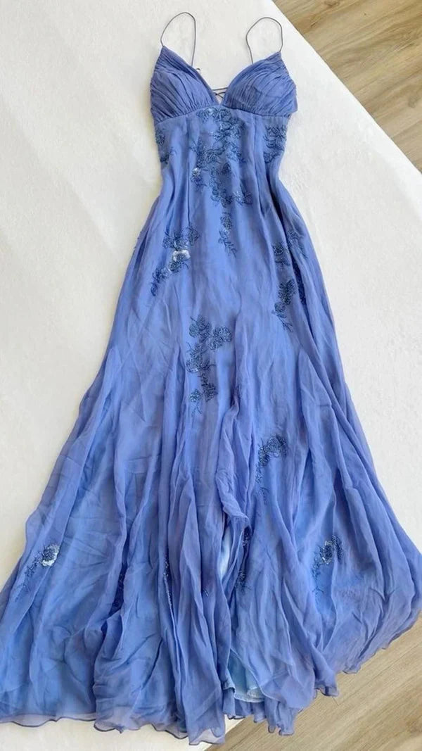 Pretty Spaghetti Straps Prom Dresses for Party✨V-neck  Beaded BacklessEvening Gown ED01485