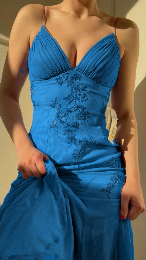 Pretty Spaghetti Straps Prom Dresses for Party✨V-neck  Beaded BacklessEvening Gown ED01485