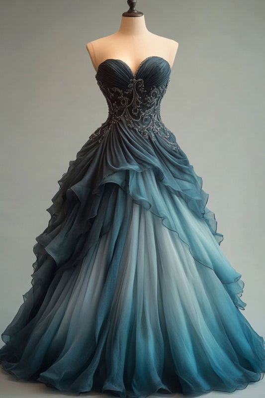 A-line Sweetheart Neck Tulle Beaded Long Ball Gown Elegant Evening Dress ED01487