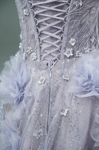 Light Purple A-line Off-the-Shoulder Tulle Sequin Long Prom Dress, Sweet Appliqué Beaded Evening Dress ED01488