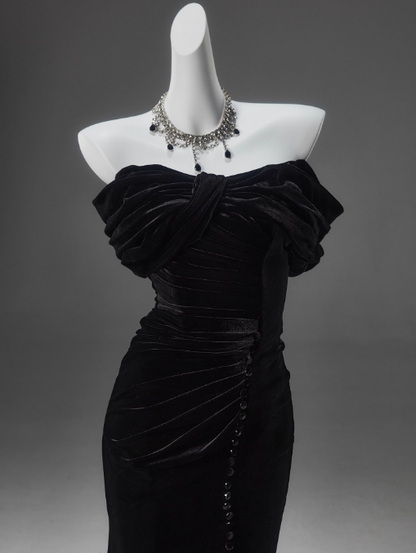 Black Mermaid Off-the-shoulder Velvet Long Prom Dress, Elegant Quinceanera Dress ED01490