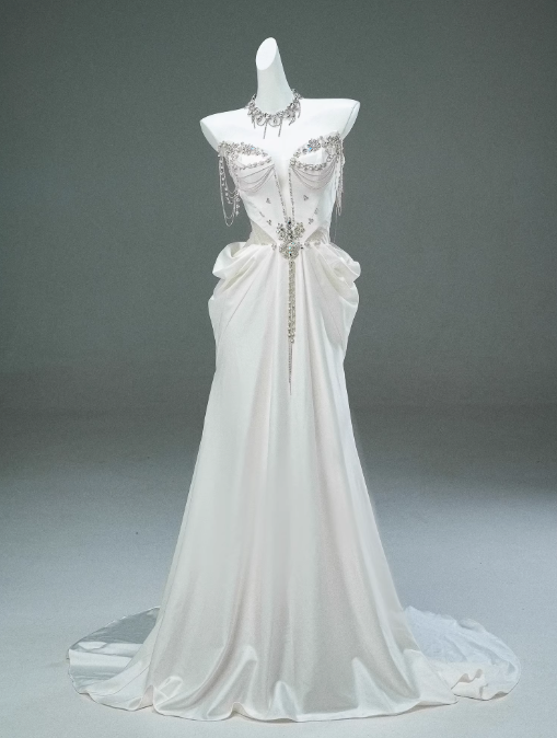 White Satin A-line Sweetheart Beaded Long Prom Dress, Elegant Adult Ceremony Graduation Prom Dress ED01493