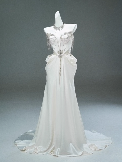 White Satin A-line Sweetheart Beaded Long Prom Dress, Elegant Adult Ceremony Graduation Prom Dress ED01493