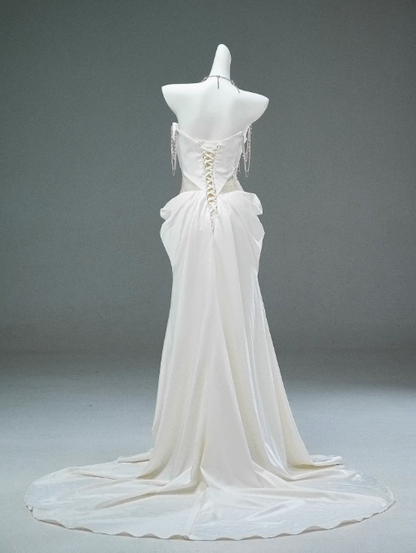 White Satin A-line Sweetheart Beaded Long Prom Dress, Elegant Adult Ceremony Graduation Prom Dress ED01493