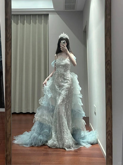 Mermaid Off-the-shoulder Tulle Sequin Long Ball Gown, Elegant Rhinestone Evening Gown ED01497