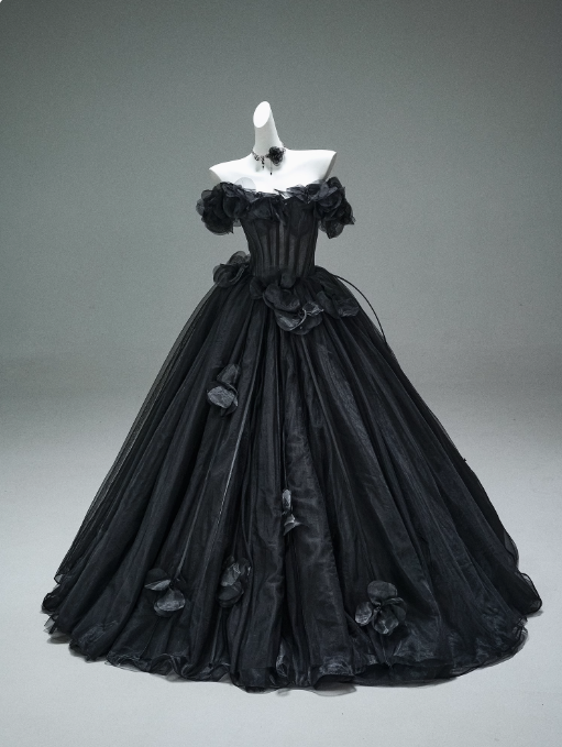 Black A-line Off-the-Shoulder Tulle 3D Applique Long Prom Dress,Adult Ceremony Graduation Prom Dress ED01498