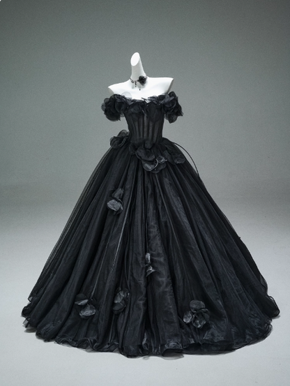 Black A-line Off-the-Shoulder Tulle 3D Applique Long Prom Dress,Adult Ceremony Graduation Prom Dress ED01498