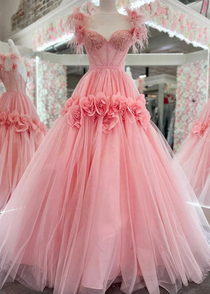 Pink A-Line Off the Shoulder Lace Tulle Long Prom Dress, Sweet 16 Dress ED01500