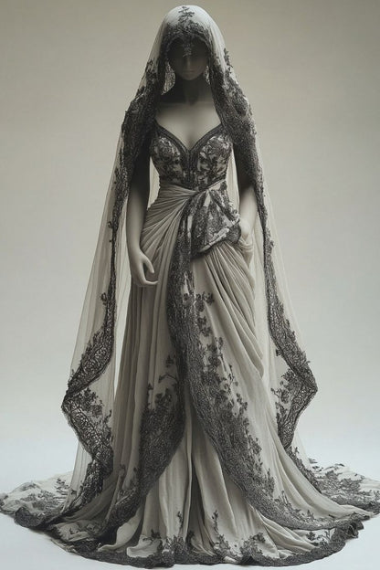 Vintage A-Line V-neck Lace Appliqué Long Prom Dress with Veil Wedding Dress ED01503