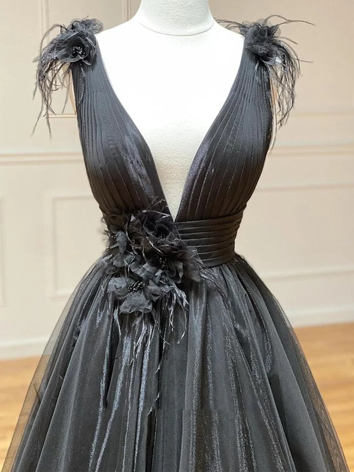 A Line Black V Neck Tulle Long Prom Dress ED01505