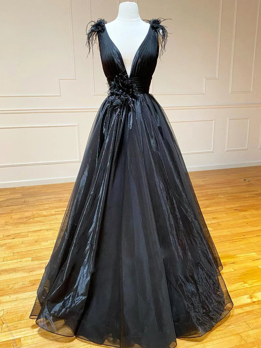 A Line Black V Neck Tulle Long Prom Dress ED01505