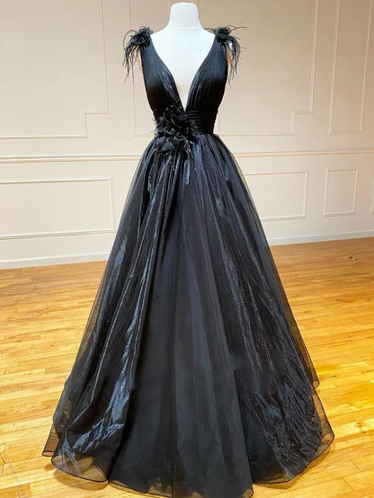 A Line Black V Neck Tulle Long Prom Dress ED01505