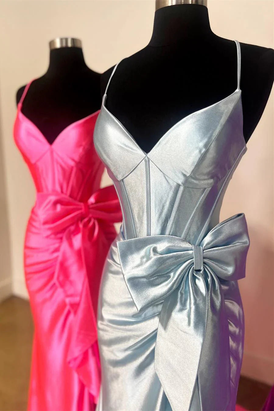 Spaghetti Straps V-Neck Satin Mermaid Prom Dress with Bow ED01506