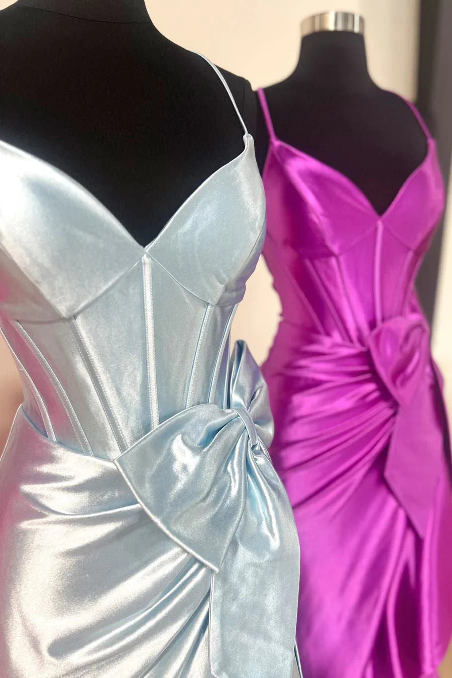Spaghetti Straps V-Neck Satin Mermaid Prom Dress with Bow ED01506