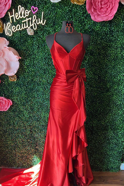 Spaghetti Straps V-Neck Satin Mermaid Prom Dress with Bow ED01506