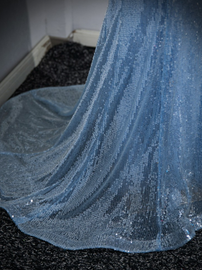 Blue Mermaid Sequin Sheer Straps Scalloped Long Prom Dress ED01509