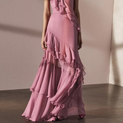 Pink V-Neck Chiffon Pleated Sleeveless Back Zippered Long Prom Dress Beautiful Party Dress ED01514