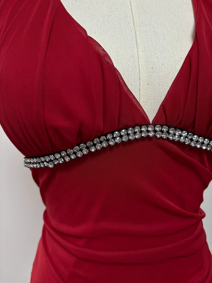 Burgundy A-line Halter V Neck Chiffon Backless Prom Dress,Bridesmaid Dress With Ankle Length ED01515