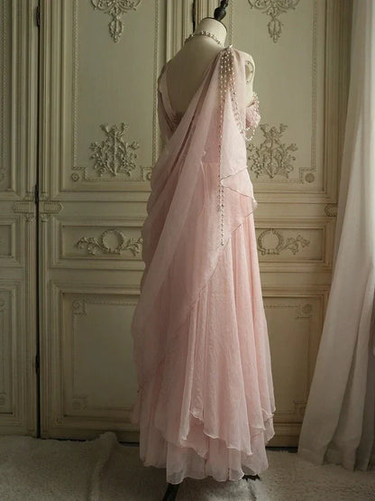 Lovely Pink 🩷Chiffon  Prom Dress Princess Pearls Spaghetti Straps Evening Gown for Birthday&Quinceanera ED01517