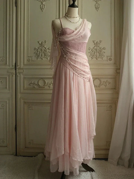 Lovely Pink 🩷Chiffon  Prom Dress Princess Pearls Spaghetti Straps Evening Gown for Birthday&Quinceanera ED01517