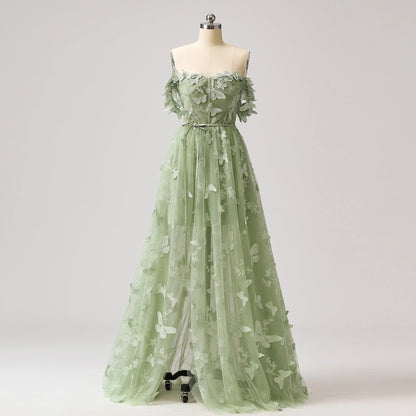 Sage Green A-Line Tulle Spaghetti Straps 3D Butterfly Long Prom Dress Sweet Adult Graduation Prom Dress  ED01518