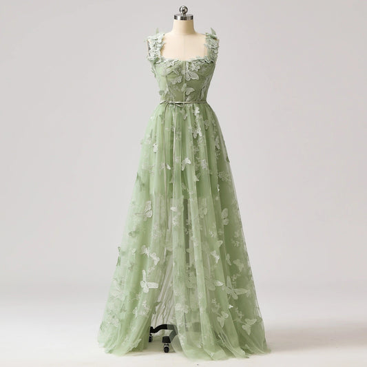 Sage Green A-Line Tulle Spaghetti Straps 3D Butterfly Long Prom Dress Sweet Adult Graduation Prom Dress  ED01518