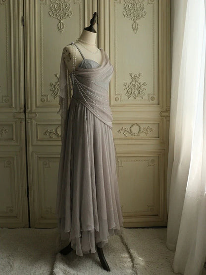Lovely Pink 🩷Chiffon  Prom Dress Princess Pearls Spaghetti Straps Evening Gown for Birthday&Quinceanera ED01517