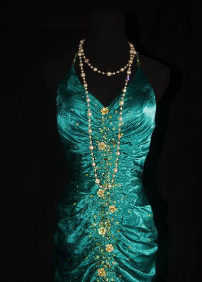 Turqoise Mermaid Halter Satin Beaded Long Prom Dress Retro V-neck Rhinestone Evening Gown ED01525