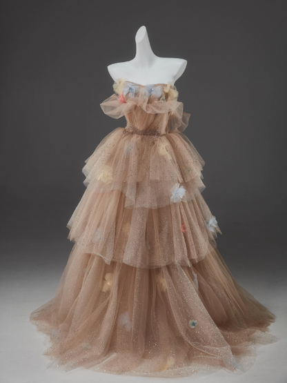 Champagne A-Line Off Shoulder Tulle Sequin Long Ball Dress Cute Layered Dress ED01526