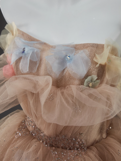 Champagne A-Line Off Shoulder Tulle Sequin Long Ball Dress Cute Layered Dress ED01526