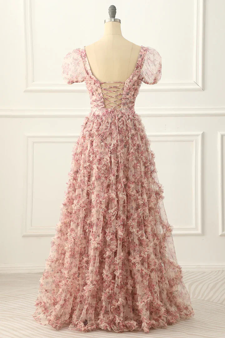 Pink A-line Tulle Pleated Floral Long Prom Dress Adult Ceremony Graduation Prom Dress ED01533